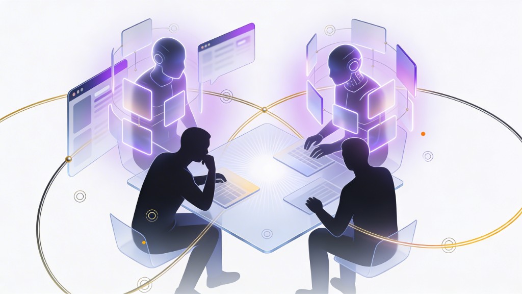 Ilustrace spolupráce lidí a AI — dialog u stolu, fialové a zlaté akcenty